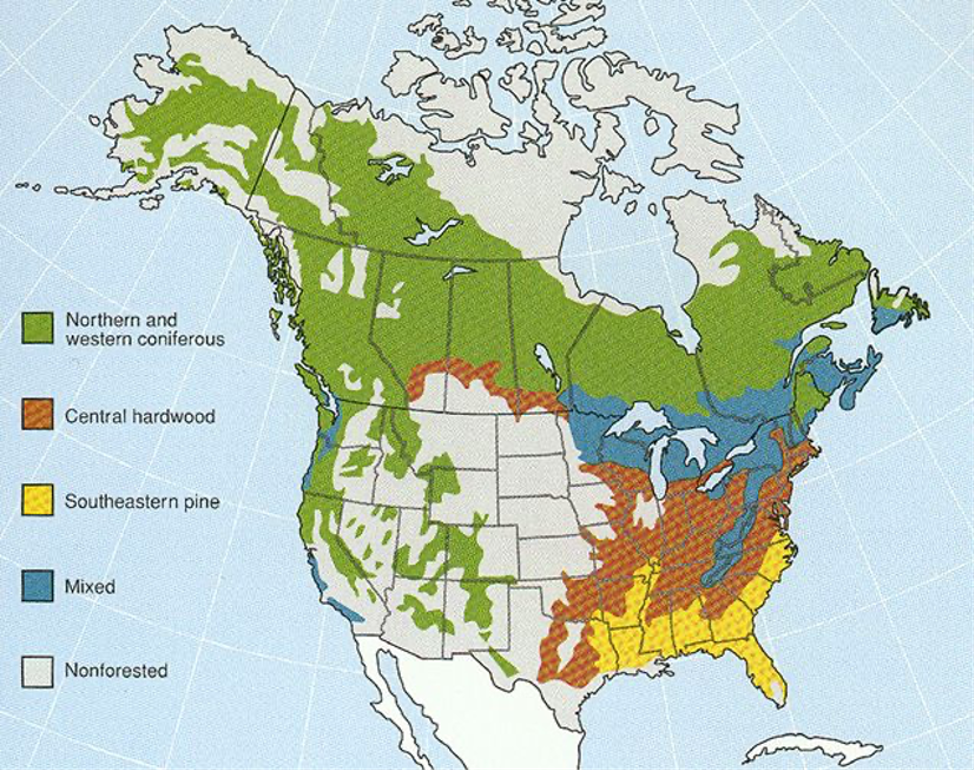 Map of North American forest types: northern and western coniferous, central hardwood, southeastern pine, mixed, and nonforested regions